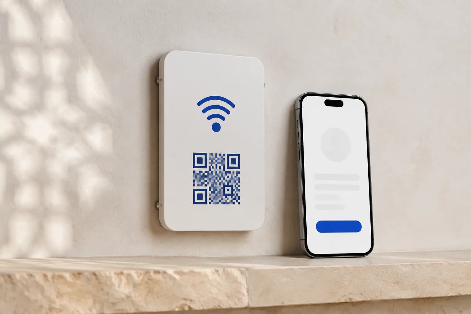Visualisation synthétique d’une plaque TapTag sur un mur de commerce avec résultat mobile
