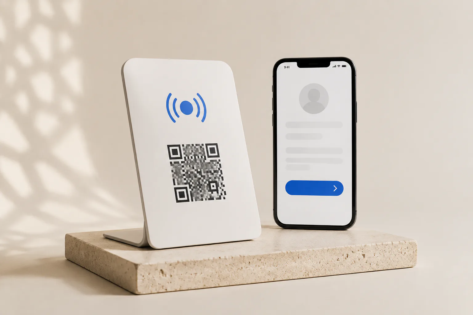 Visualisation synthétique d’un support TapTag posé sur un comptoir à côté d’un téléphone